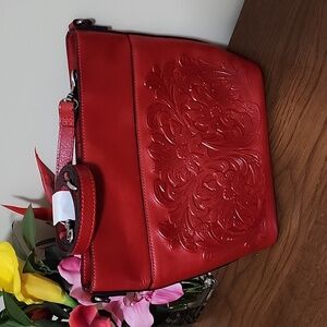 NWOT Patricia Nash Papaya Red Harper Tooled Tote w Bag